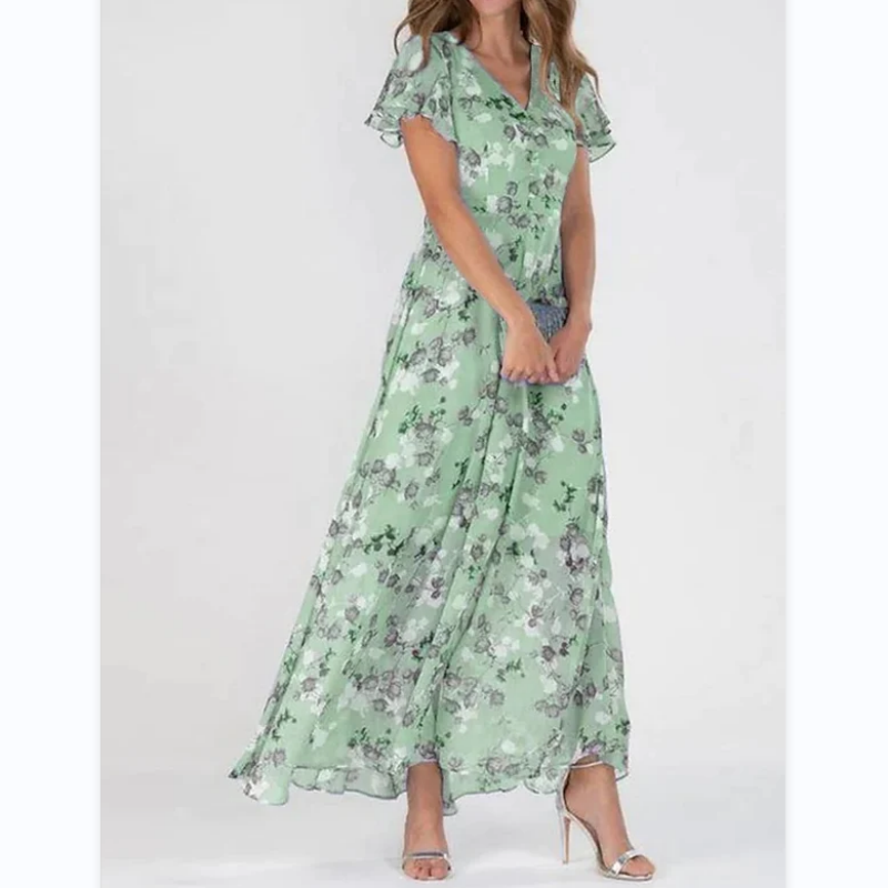 Ny feminin mønstret maxikjole i luftig polyesterblanding med sommerfuglsleeves for dame.