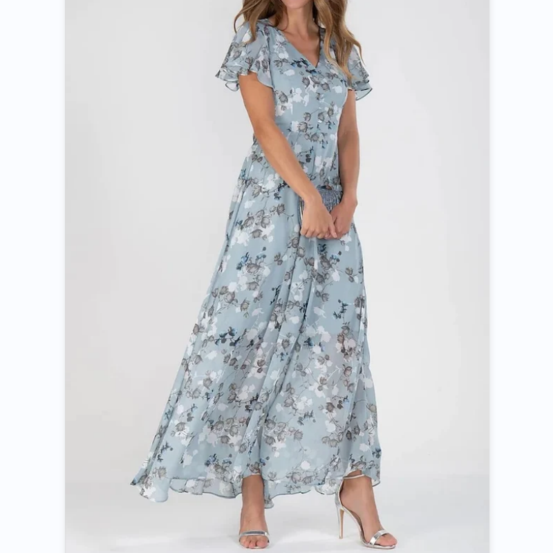 Elegant dame blomstret maxikjole med sommerfuglsleeves. Perfekt som sommerkjole og festkjole.
