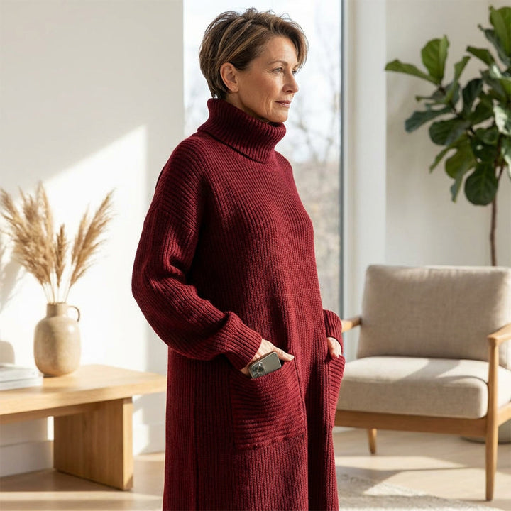 Myk og varm dame strikkekjole med elegant høy hals, lange ermer og funksjonelle lommer. Perfekt høst/vinter.