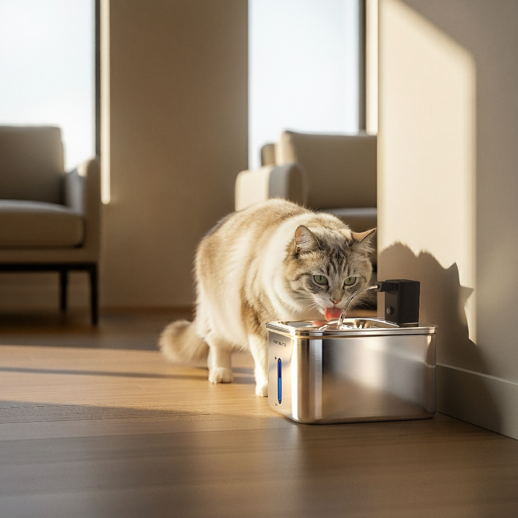 Stillegående trådløs drikkefontene for katt, fremmer hydrering med filtrert og friskt vann.