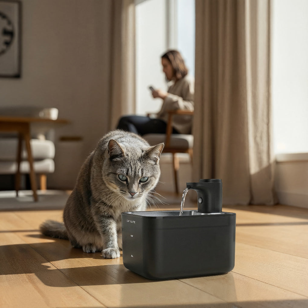 Katten drikker friskt vann fra den stille, trådløse drikkefontenen. Essensielt katteutstyr.
