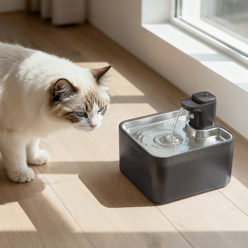 Stille trådløs drikkefontene for katter, ideell for alle hjem. Gir friskt, filtrert vann.