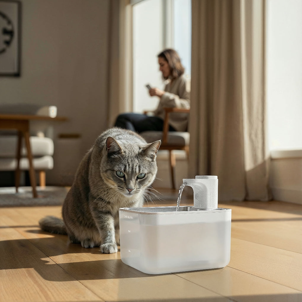 Trådløs katt vannfontene med filter sikrer konstant tilgang på rent og friskt drikkevann.