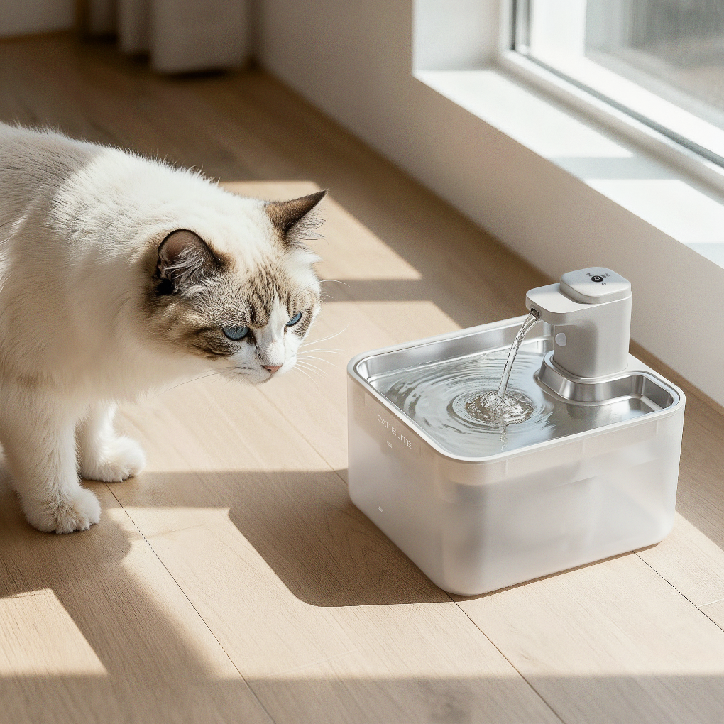 Moderne trådløs vannfontene for katt. Leverer friskt, filtrert vann stille for kjæledyrets velvære.