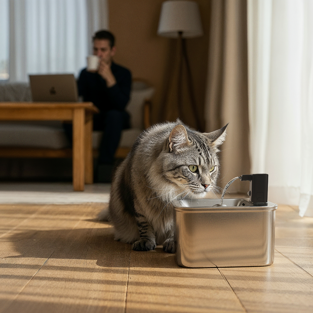 Bærekraftig trådløs kattefontene med avansert filtrering, en ren vannskål for alle katter.