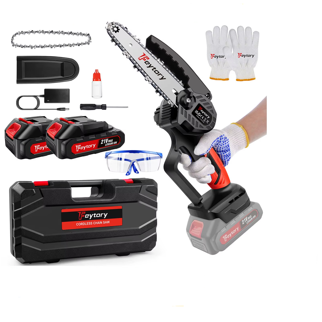 Kompakt trådløs mini motorsag, 15 cm sverd, perfekt for effektivt hagearbeid og beskjæring av treverk.