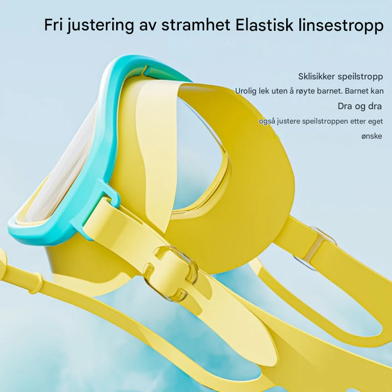 Nærbilde av barnas tåkefrie svømmebriller med justerbar stropp for perfekt passform. Klart syn, antidugg.