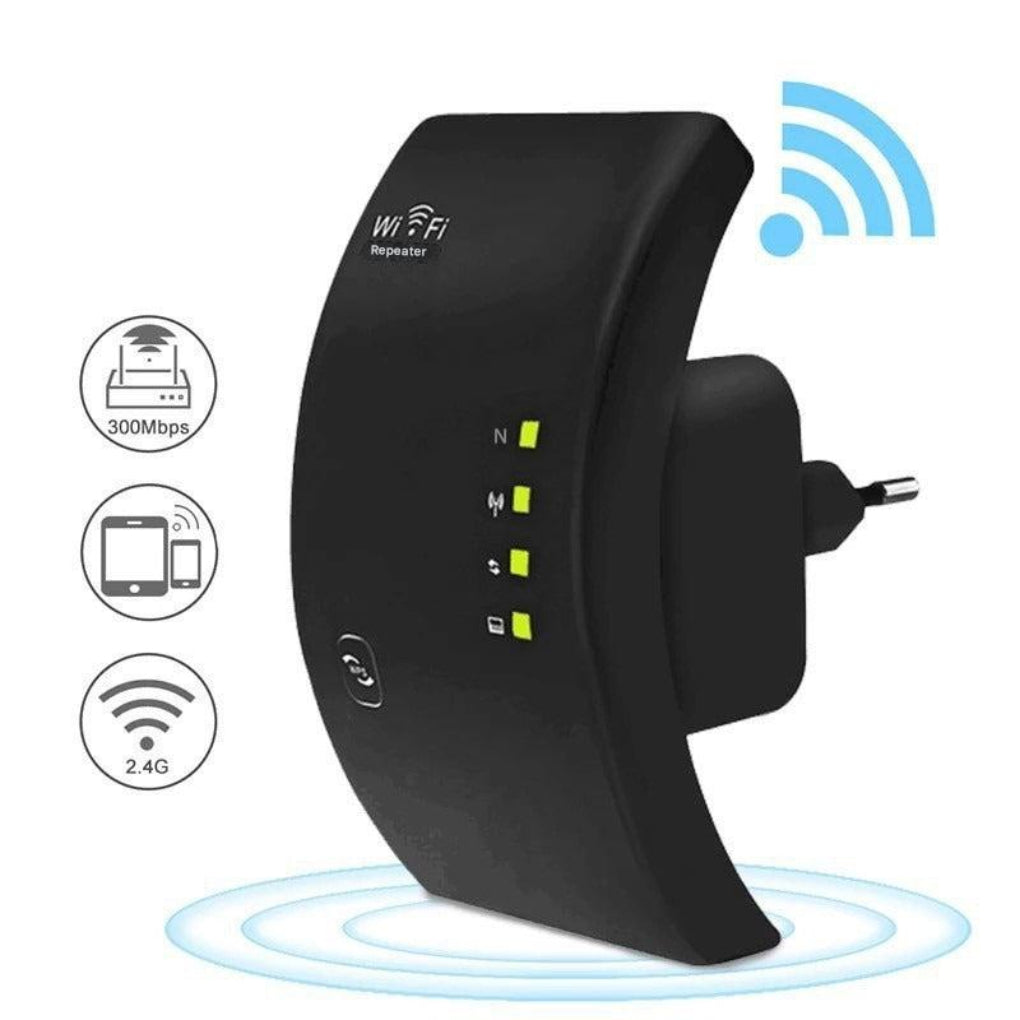 Svart dual-band WiFi signalforsterker/repeater for stabilt, sømløst trådløst nettverk og raskere internett hjemme.