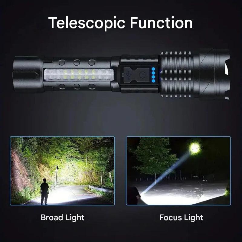 Kraftig taktisk lommelykt, 5000 lumen LED. Robust design for militær- og utendørs bruk.