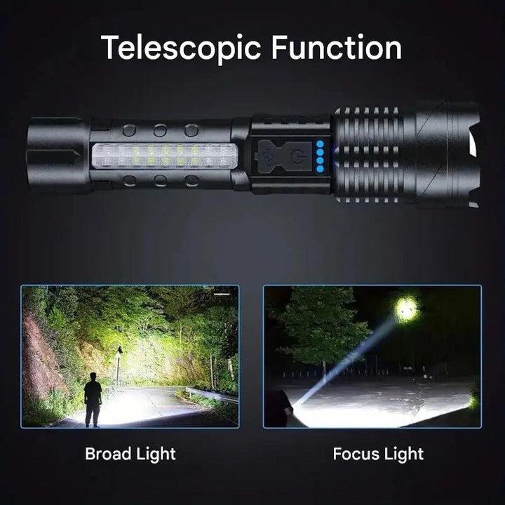 Kraftig taktisk lommelykt, 5000 lumen LED. Robust design for militær- og utendørs bruk.