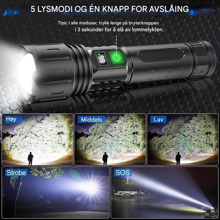 Kompakt men kraftig lommelykt 100 000 lumen. Ideell for nødsituasjoner og mørketid. Oppladbar.