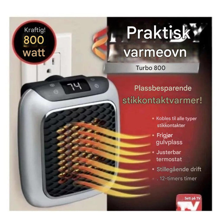 Mini PTC-varmeovn 800W i grått, en kompakt og energieffektiv elektrisk romoppvarmer.