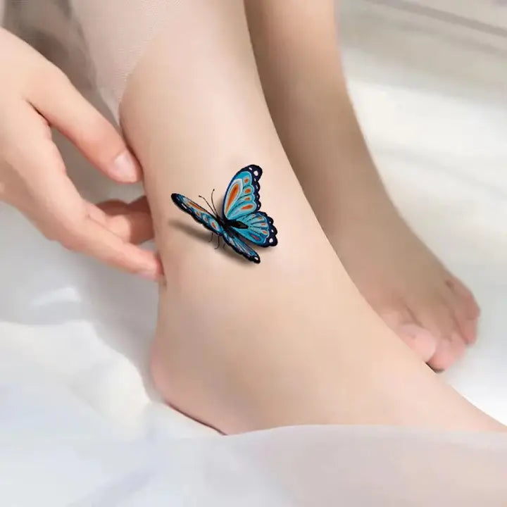 Vanntette 3D tatoveringer med sommerfugler og blomster. Hudvennlig, realistisk midlertidig kroppskunst.