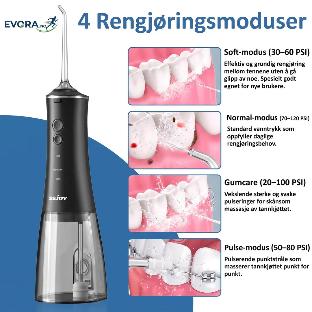 Bærbar avansert vannflosser med 4 moduser for dyp oral hygiene og omfattende tannpleie.
