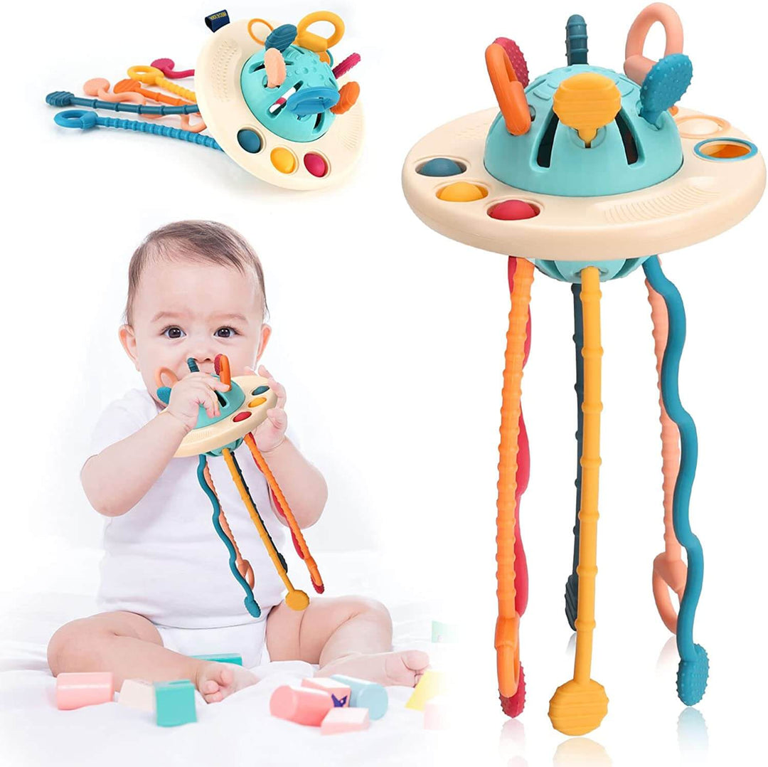 UFO sanseleke i myk silikon, perfekt for babyens motorikk og som trygg tyggeleke. Stimulerer utvikling.