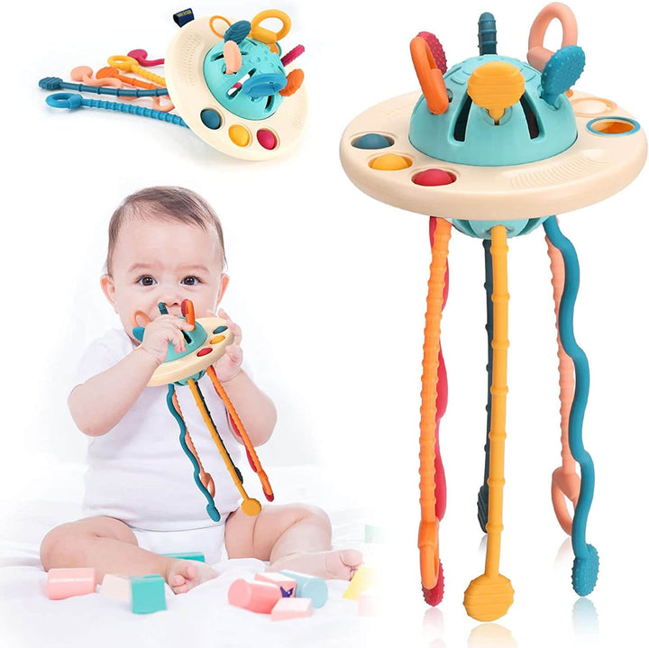 UFO sanseleke i myk silikon, perfekt for babyens motorikk og som trygg tyggeleke. Stimulerer utvikling.