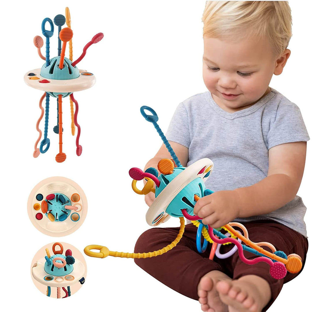 Interaktiv UFO aktivitetsleke for baby med unike pull-strenger og varierte teksturer. Fremmer nysgjerrighet.