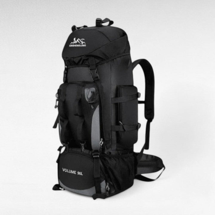 Bakside av unisex 90L ultralett tursekk med justerbare stropper, perfekt for lange vandreturer.