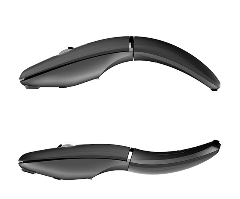 Detaljert bilde av grå/svart ergonomisk roterbar mus. Trådløs med stille klikk for en bedre pc-opplevelse.