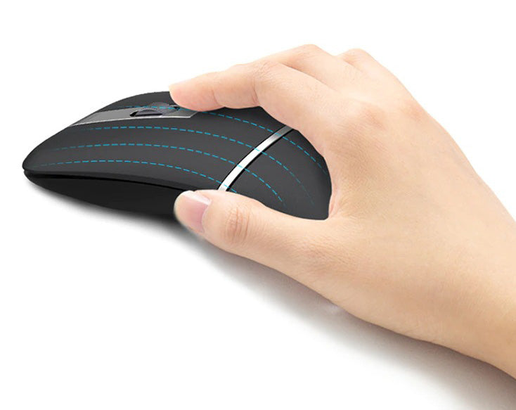 Grå/svart ergonomisk mus for PC, trådløs og roterbar. Stille klikk for fokusert og komfortabelt kontorarbeid.