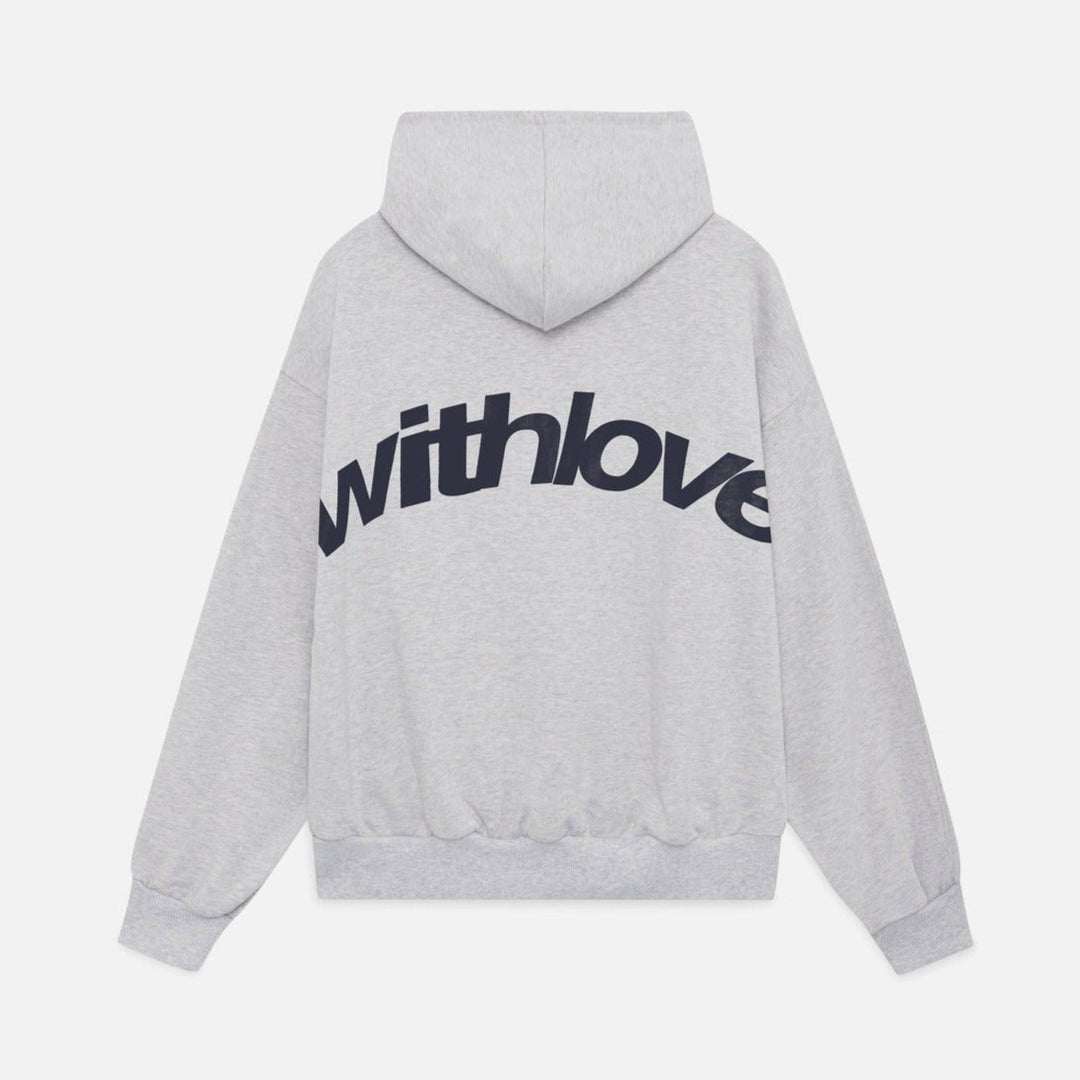Unisex hettegenser med stor hette og 'With Love'-trykk, ideell for en komfortabel, oversized look.