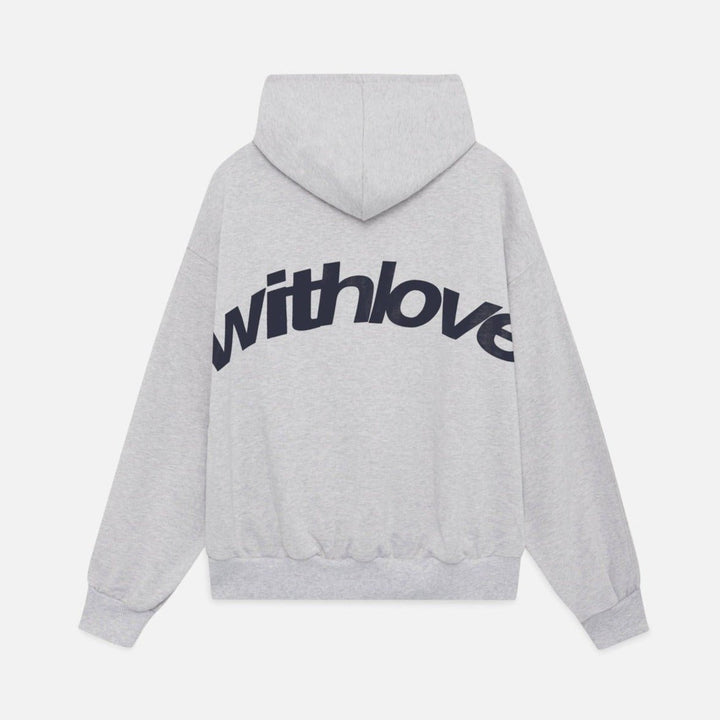 Unisex hettegenser med stor hette og 'With Love'-trykk, ideell for en komfortabel, oversized look.