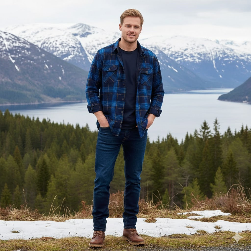Varm og komfortabel flanellskjorte for menn, rutete design, fleecefôret, perfekt for høst.