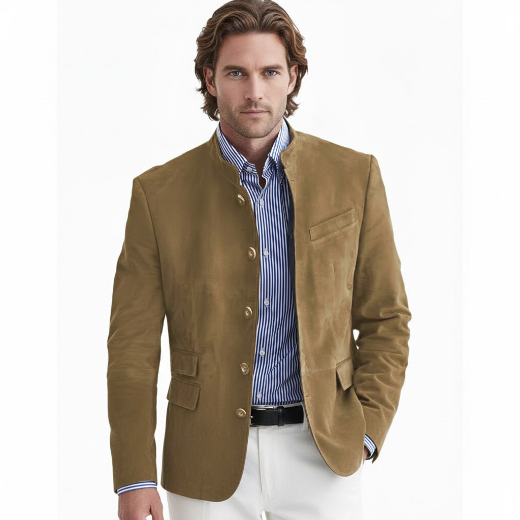 Elegant herreblazer jakke med knapper i ensfarget design, tilgjengelig i beige, svart og blå. Formell stil.