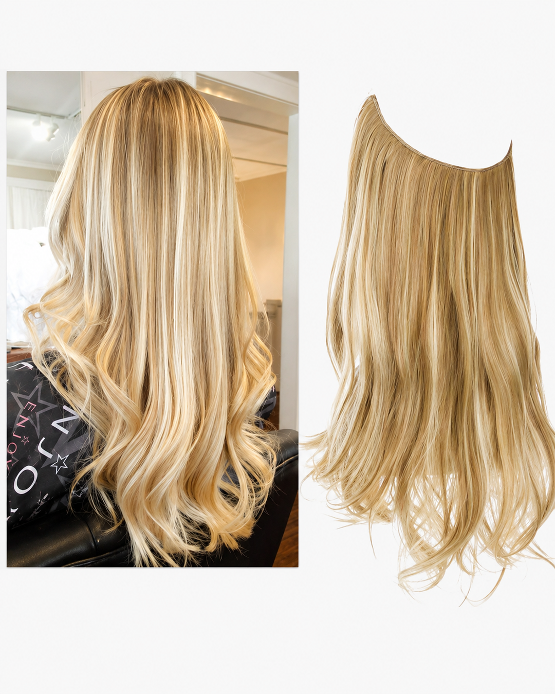Kvinnemodell med naturlig look fra usynlige hårforlengelser. Langt, fyldig hår med enkel styling.