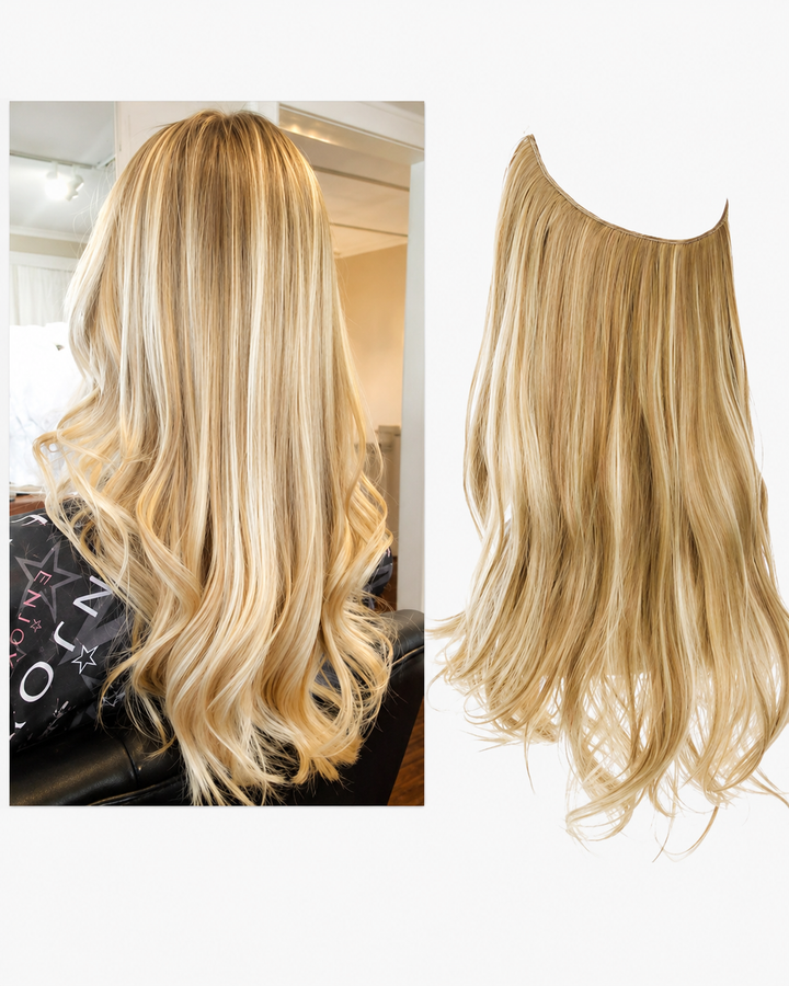 Kvinnemodell med naturlig look fra usynlige hårforlengelser. Langt, fyldig hår med enkel styling.