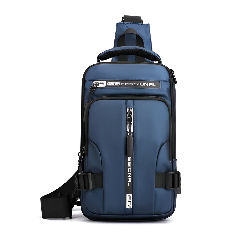 Stilig og sikker herreveske for reise; konvertibel dagsekk/crossbody i slitesterk polyester.