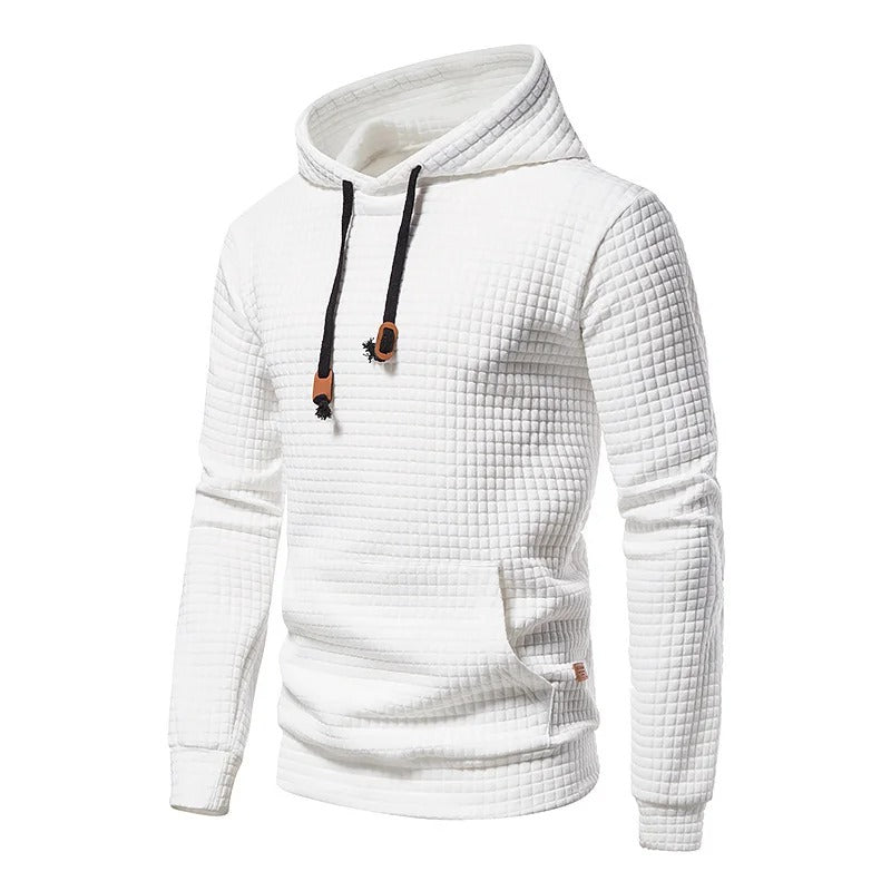 Menns lappeteppe hettegenser med snøring. Komfortabel pullover for hverdag, myk og stilig.