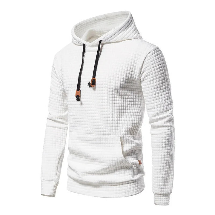 Menns lappeteppe hettegenser med snøring. Komfortabel pullover for hverdag, myk og stilig.