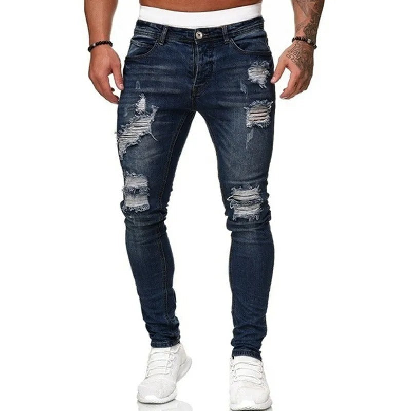 Mørke skinny jeans for menn med trendy rifter og slitt look. Perfekt for streetwear og herremote.