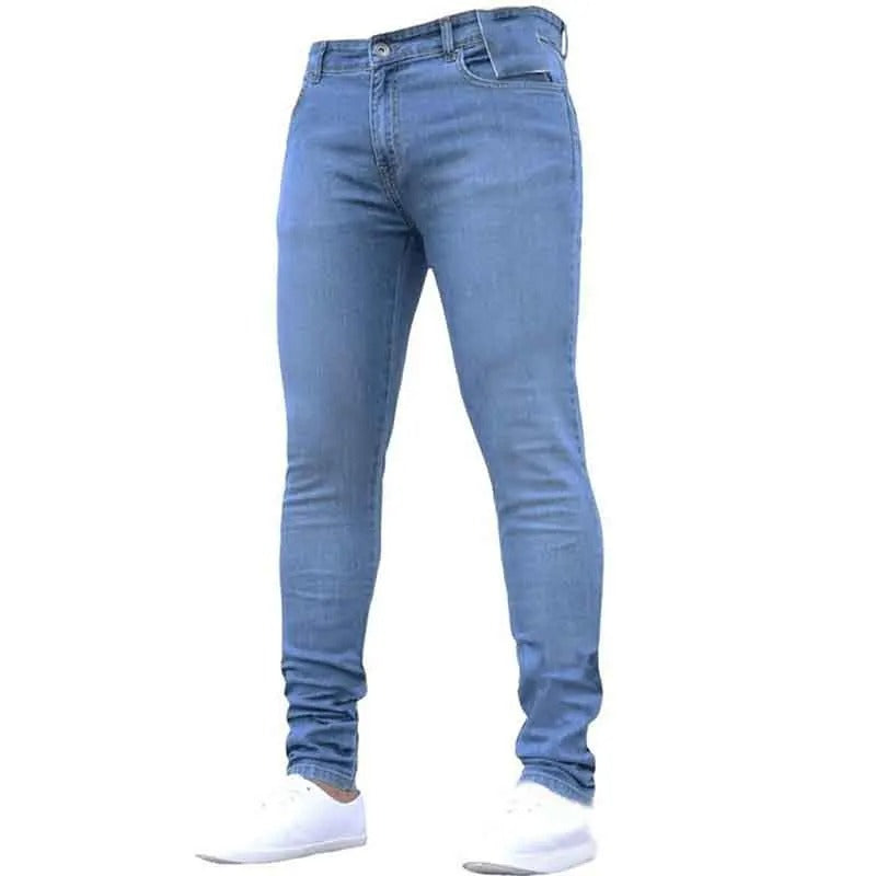 Blå skinny-jeans for menn med stretch for optimal komfort og moderne slim fit. Perfekt til hverdagsbruk.