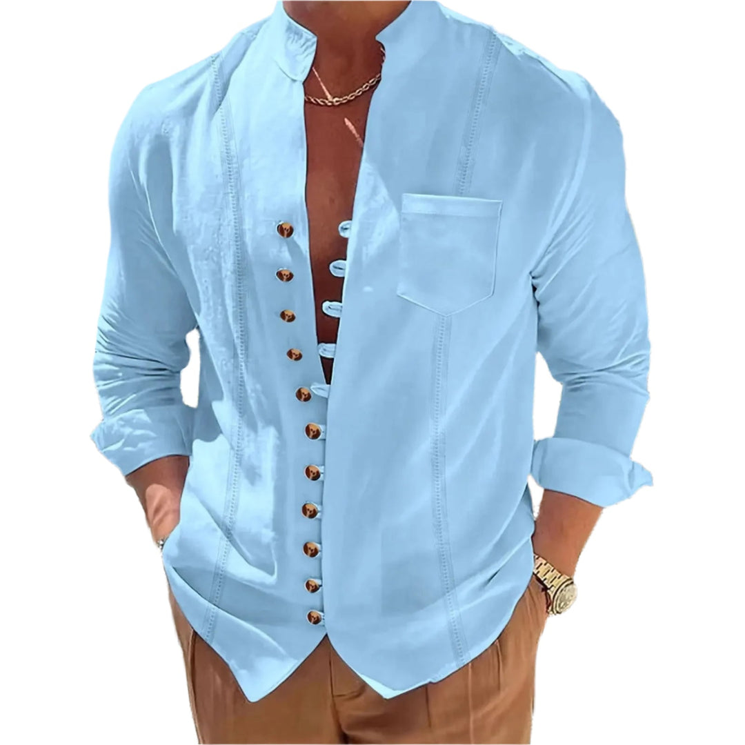 Menns avslappet skjorte med stilig ståkrage i lys farge, perfekt for hverdag og smart casual look.