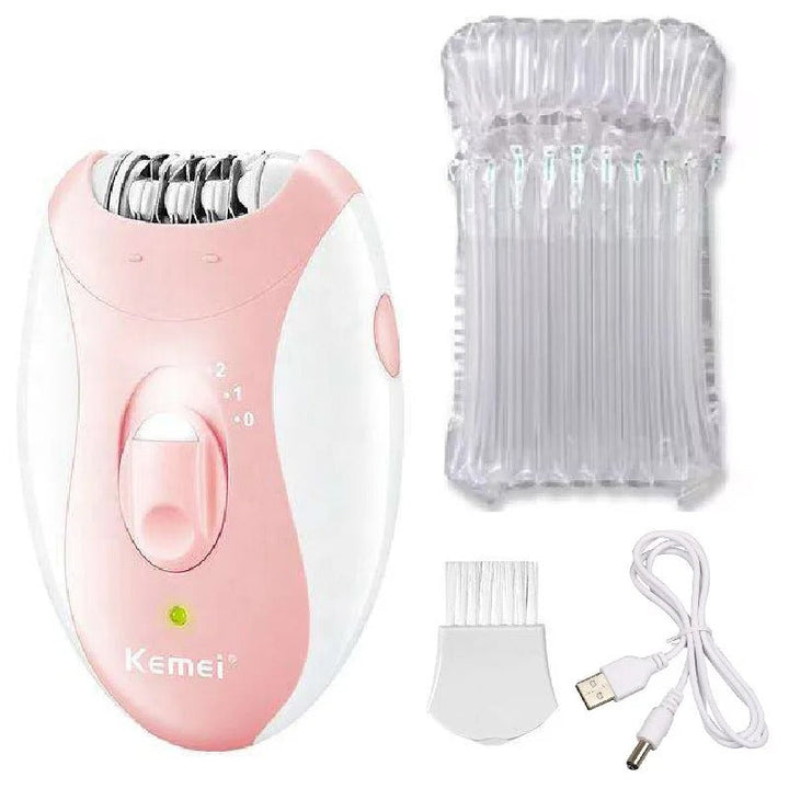 Epilator for kvinner med tilbehør som rensebørste og reiseveske for komplett hårfjerningssett.