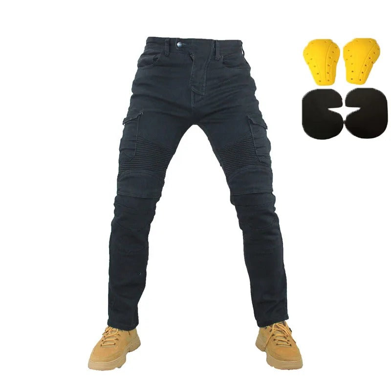 Herre motorsykkeljeans i slitesterk denim, designet for komfort og beskyttelse på veien.