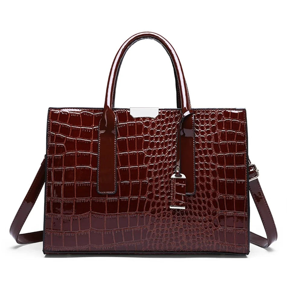 Elegant brun toteveske for dame med krokodilletrykk, romslig og stilig for hverdag og jobb.