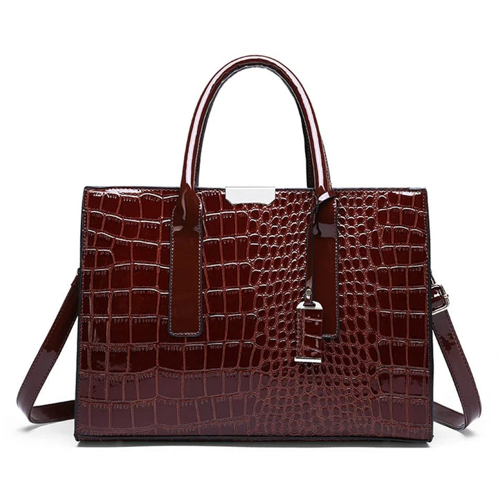 Elegant brun toteveske for dame med krokodilletrykk, romslig og stilig for hverdag og jobb.