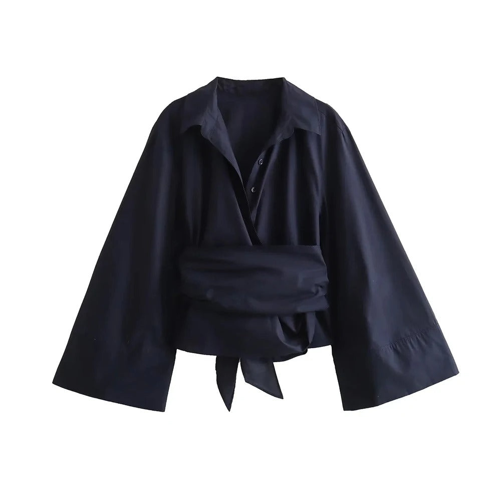 Kvinner langermet kimonobluse med elegant sløyfe. Komfortabel bluse for hverdag & fest.