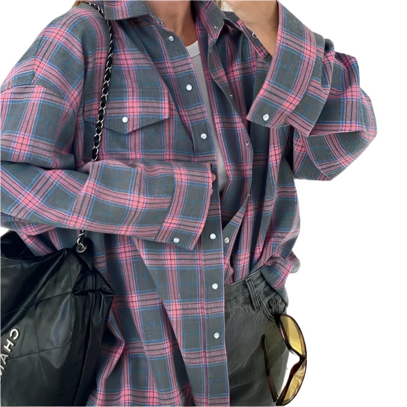 Dame oversized langermet rutete skjorte i casual stil, perfekt for hverdagsbruk.