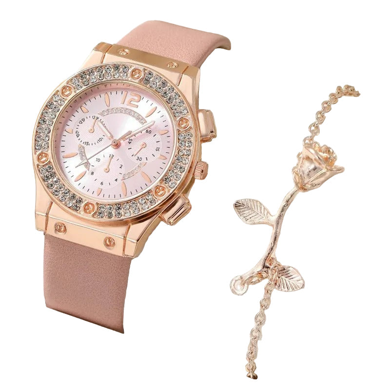 Luksuriøst rhinestone armbåndsursett for kvinner, elegant dameklokke med kvartsurverk og smykker.