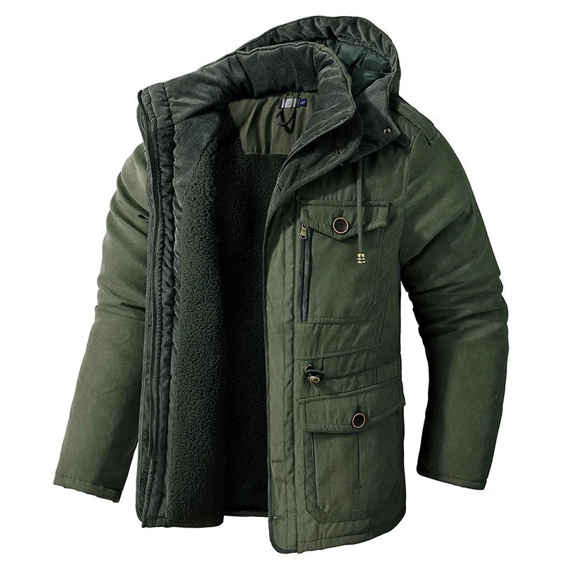 Varm herre vinterjakke for ekstrem kulde. Vindtett parkas med hette, ideell for utendørsaktiviteter.