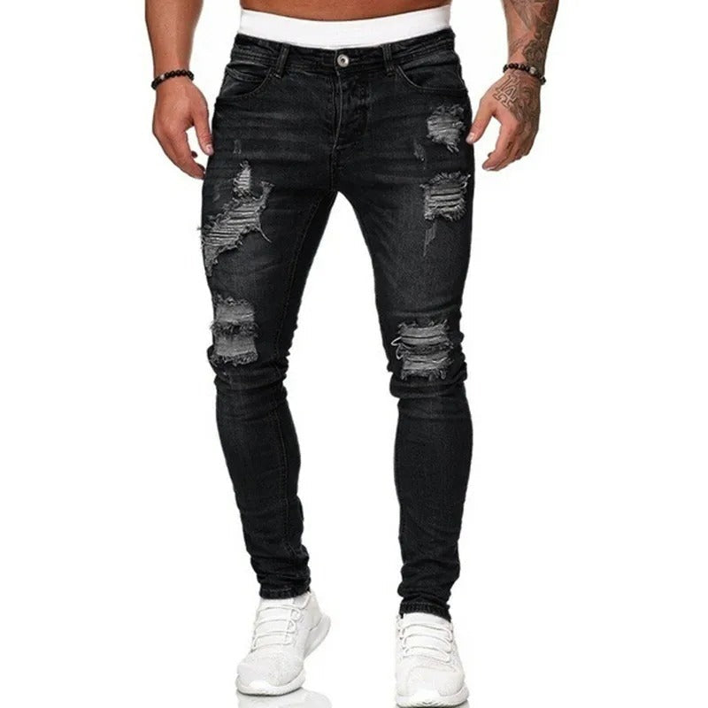 Figurnære skinny herrejeans i mørk denim med moderne rifter for en kul streetwear-stil.