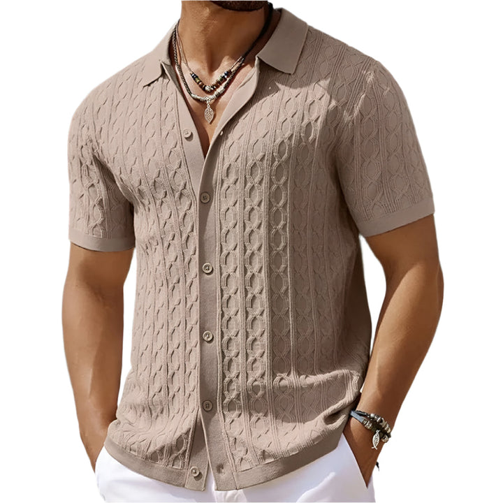 Retro jacquard polo for menn. Strikket herreskjorte med vintage sjarm og komfortabel passform.
