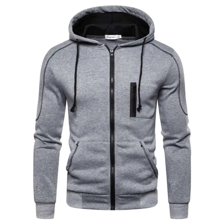 Rød herre hettegenser med glidelås, myk og komfortabel. Ideell for fritid, trening og uformell stil.