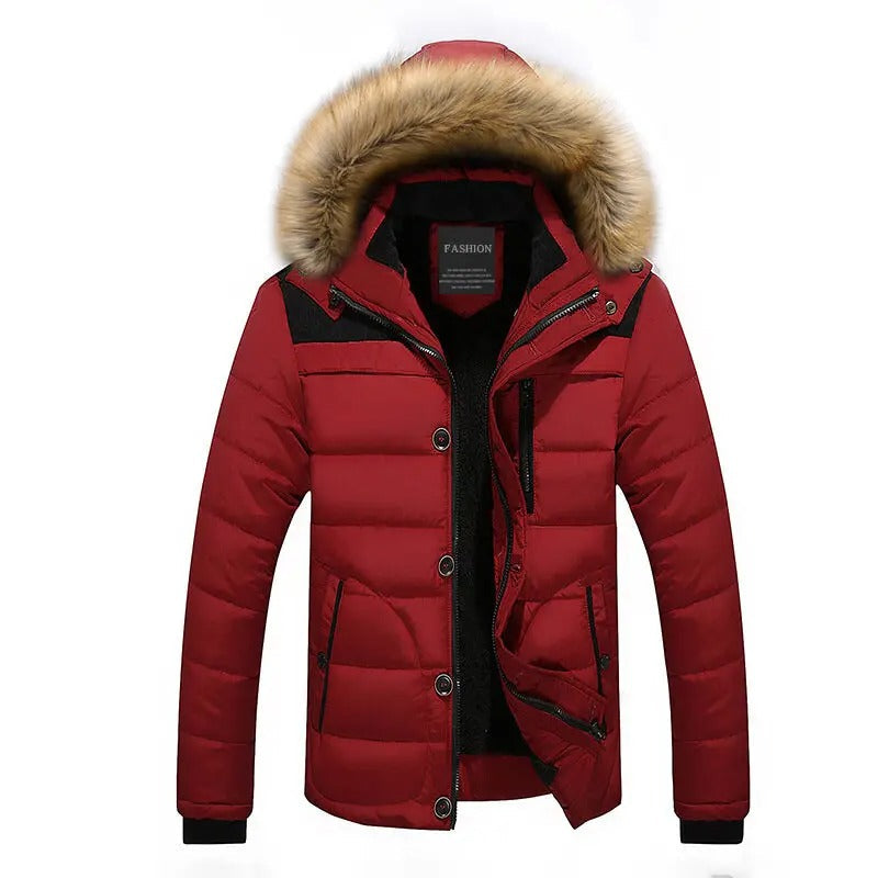 Marineblå menns parkas, robust yttertøy med varm fôr og avtakbar hette for vintermote.