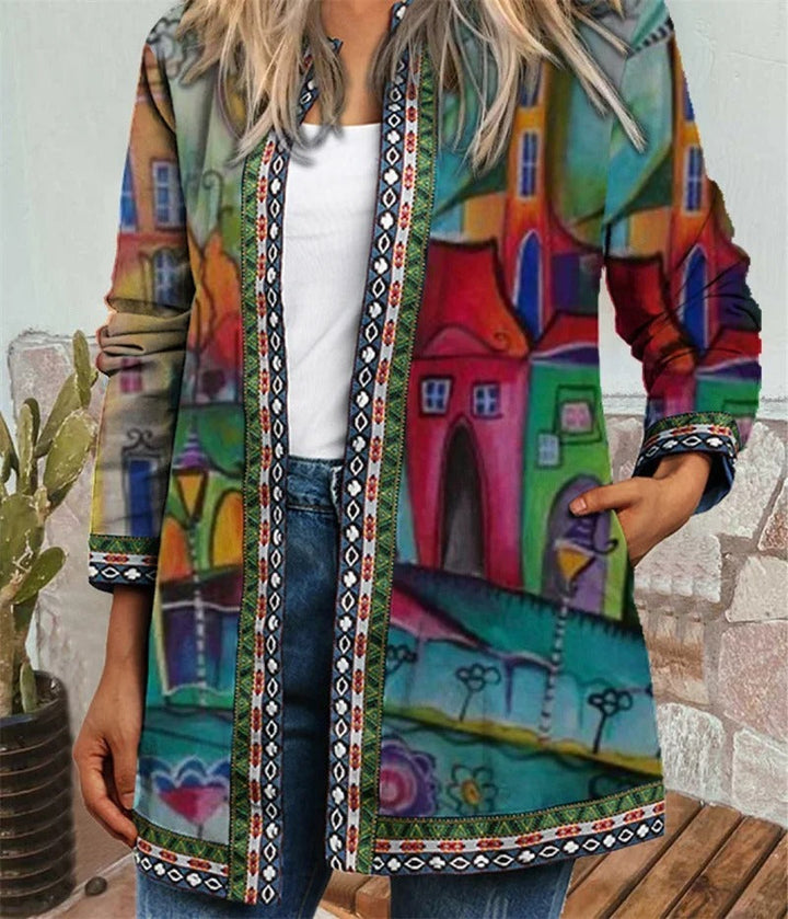Dame cardigan med elegant etnisk mønster. Flerfarget høstjakke som kombinerer komfort og vintage stil.