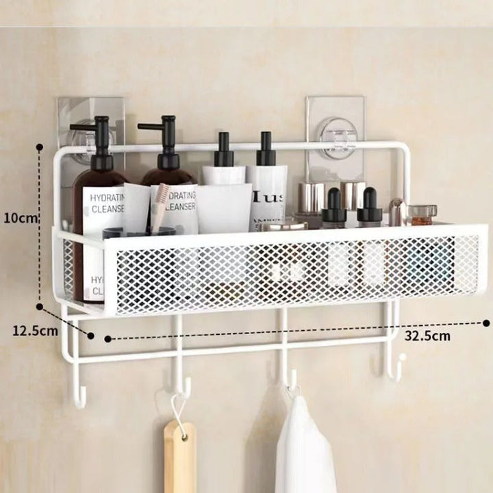 Elegant oppbevaringsstativ til badet. Vegghengt design for ryddig organisering av personlige pleieprodukter.
